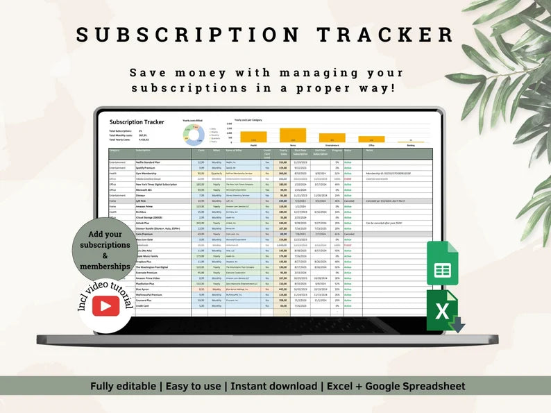 Subscription Tracker: Manage Recurring Costs online with this digital subscription spreadsheet (Excel & Google Sheets) 12-month Membership