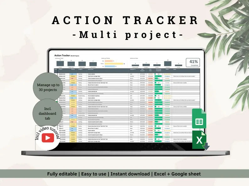 Action Tracker, your Task tracker to keep control | A digital Task List in Excel spreadsheet & Google Sheets 3-month Membership